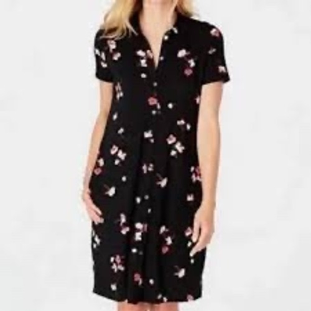 J. Jill Black Floral Pima‎ Cotton Modal Shirt Dress Short Sleeve Pockets Medium